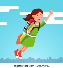 Girl flying in the sky clouds on a rocket jetpack like a super hero pilot. Kid raising fast with winner clenched fist gesture. Flat style character vector illustration isolated on white background.