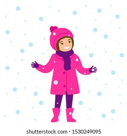 Girl and flying snowflakes. Winter child games. Christmas holidays. Vector flat illustration