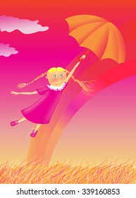 Girl flying with an umbrella on a background of the autumn field landscape , vector illustration