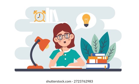Enfoque de la muchacha que estudia la ilustración del Arte vectorial de escritura