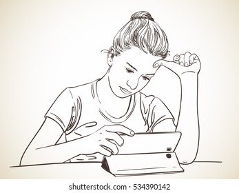 Girl focused on using tablet, Vector sketch, Hand drawn illustration.