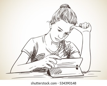 Girl focused on using tablet, Vector sketch, Hand drawn illustration.