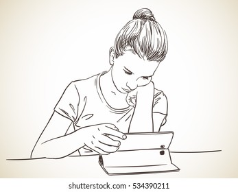 Girl focused on using tablet, Vector sketch, Hand drawn illustration