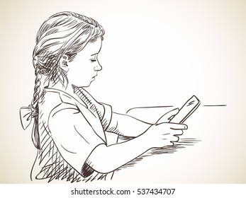 Girl focused on using tablet, Vector sketch, Hand drawn illustration