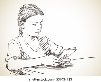 Girl focused on using tablet, Vector sketch, Hand drawn illustration