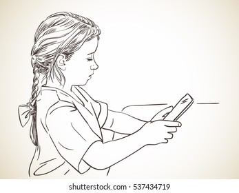 Niña centrada en el uso de tableta, dibujo vectorial, ilustración dibujada por mano