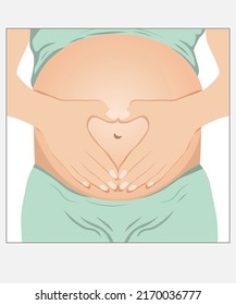 The girl folded her hands on her stomach in the shape of a heart. A pregnant girl hugs her stomach. Belly of a girl with a heart