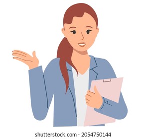 una chica con una carpeta o un tablet con ropa de oficina sirve a los clientes. Ilustración sobre el tema de negocios, marketing, adquisición de clientes