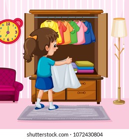 A Girl Folding Cloth in Wardrobe illustration