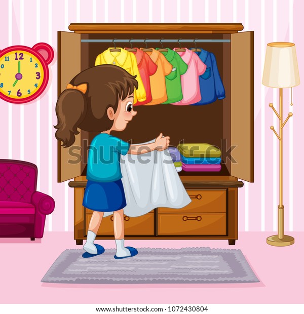 Girl Folding Cloth Wardrobe Illustration Stock Vector (Royalty Free