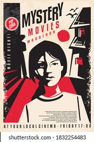 Girl followed by mysterious people artistic poster concept for cinema event. Mystery movies retro flyer design. Vector book cover idea.