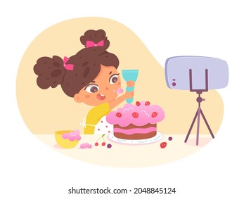 Blogger de comida femenina cocina pastel dulce filmando video usa ilustración de dibujos de tipo gráfico plana con vector de smartphone. Influencia divertida de niños creando contenido de diy aplicando crema batida en pasteles aislados