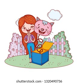 girl with fools day surprise box and cat head in the field