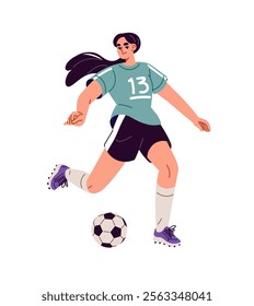 Girl football player kicks, hits with foot, pass ball. Sportswoman in uniform plays soccer. Professional athlete training for sports game competition. Flat isolated vector illustration on white