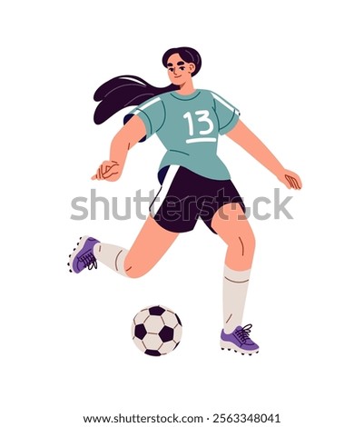 Girl football player kicks, hits with foot, pass ball. Sportswoman in uniform plays soccer. Professional athlete training for sports game competition. Flat isolated vector illustration on white