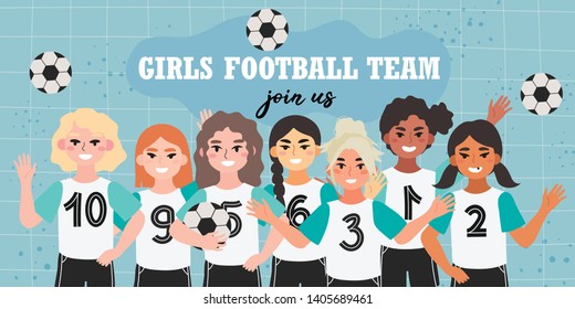 Girl football team banner. Vector illustration of a soccer children team on a blue background. Creative banner, flyer or landing page for a kids football team, club or championship.