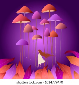 Girl in a forest of mushrooms. Without contours