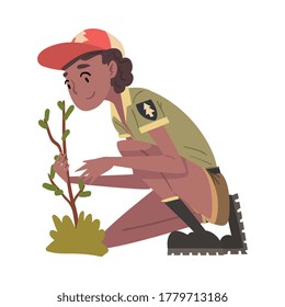 Girl Forest Ranger Caring for Plant, National Park Service Employee Character in Uniform Cartoon Style Vector Illustration