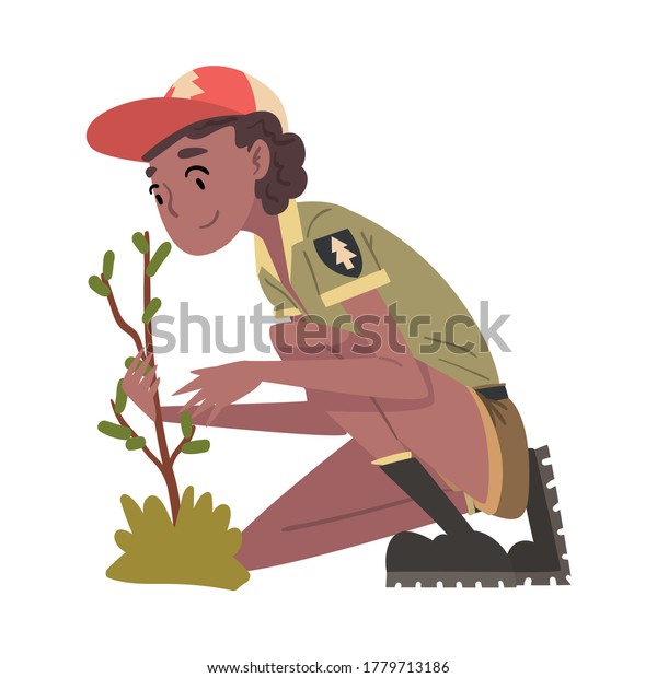 Girl Forest Ranger Caring for Plant,\
National Park Service Employee Character in Uniform Cartoon Style\
Vector Illustration