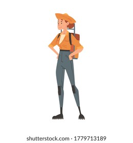 Girl Forest Ranger Standing with Backpack, National Park Service Employee Character in Uniform and Hat Standing with Hands on her Waist Cartoon Style Vector Illustration