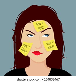 Girl forgetful stuck a yellow sticker on face, illustration vector design.