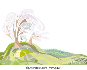 girl in the form of land in the spring, meadow of tulips, lilies, apple orchard in bloom