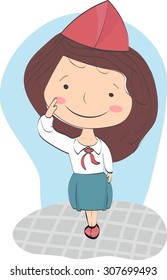 Girl in the form of pioneer greets. Wearing red hat, tie and blue skirt - dress uniform of pioneers of Soviet period.