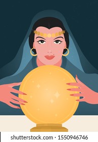 A girl in a fortune-teller costume divines on a magic ball. Magical predictions. Flat vector illustration.