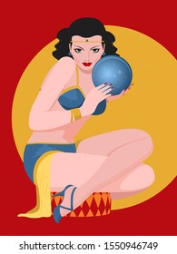 A girl in a fortune-teller costume divines on a magic ball. Magical predictions. Flat vector illustration.