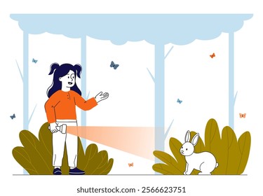 Girl found rabbit. Kid with flashlight look at white bunny in forest. Easter and spring season holiday. Egg hunt child. Outdoors game for kids. Linear vector illustration