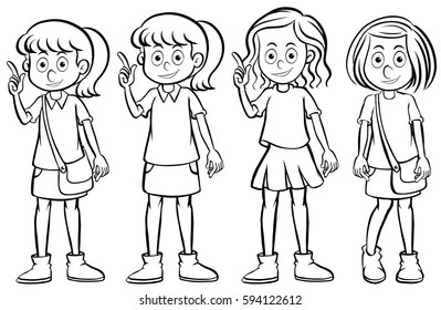 Girl in four different costumes illustration