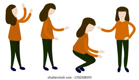 Chica en cuatro poses diferentes. Ilustración vectorial.