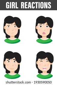 Girl four reactions character, Happy-Sad-Shocked-Appointed