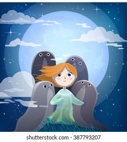 Girl with four seals on the full moon. vector illustration.