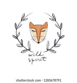 Girl fox face art and floral frame. Wild spirit lettering inscription in the boho tribal frame. Poster and banner element, postcard, gift card, print for t-shirt and more, sticker, label and other