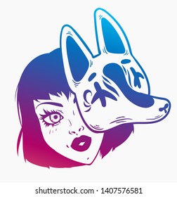 Girl with fox mask. Traditional attribute of asian folklore. Vector illustration.