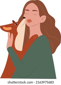 girl with a fox with a fox on a white background. man cuddling with four-legged animal friends. Colored flat vector illustration.Girl holding her dog backside view cute flat illustration scene