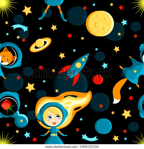 Girl, fox, rose in space suits. Moon, Sun,\
Saturn, Earth, other planets rocket Stars comets space Cartoon\
style Seamless pattern