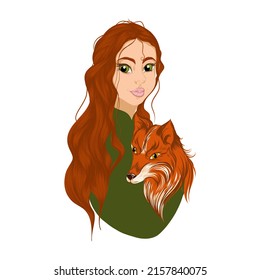 girl with a fox. vector illustration isolated on white background