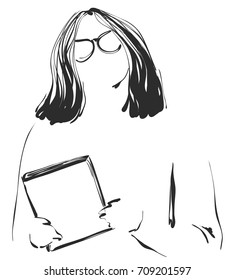 Girl with frame in the hand. Sketching illustration