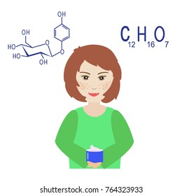 The girl with the freckles and age spots on the face holding a jar of cream with arbutin. Chemical formula and graphical scheme of arbutin. Vector isolated svg