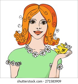 Girl with freckles and long red hair. A girl  holds in her hand  birds.