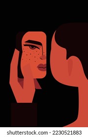 girl with freckles look at herself in the mirror in the dark. self-love illustration flat style.