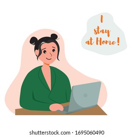 girl in freckles works on the computer, stock vector illustration isolated on white background. I stay at home. quarantined young girl. place for signature. illustration in a flat style.