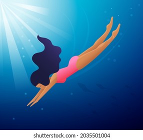 Girl free diver in deep blue ocean. Flat design style. 