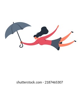 A girl free falling from the sky. a woman holding an umbrella while falling. a woman flies in the sky with a parachute. vector flat illustration isolated on white background