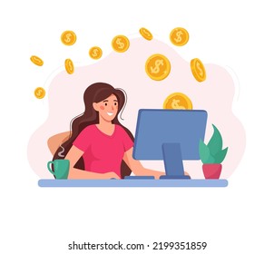 Girl freelancer at the computer, around the money, gold coins. Earn money online, earnings. Woman working at home. Vector illustration in flat style, isolated background.
