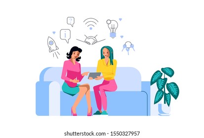 Girl freelancer shows her portfolio to customer sitting on the sofa. Сollaboration line icons set. Flat Art Vector illustration
