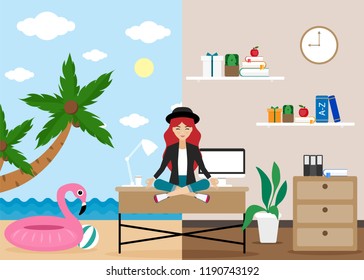 Girl freelancer sitting on the table, she is a happy worker. Thinking about rest, free work on freelance job. Vector illustration.