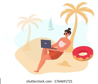 Girl Freelancer in Summer Wear Swimsuit Sitting on Beach under Palm Tree.
Businesswoman Sitting at Coast and Working with Laptop.
 